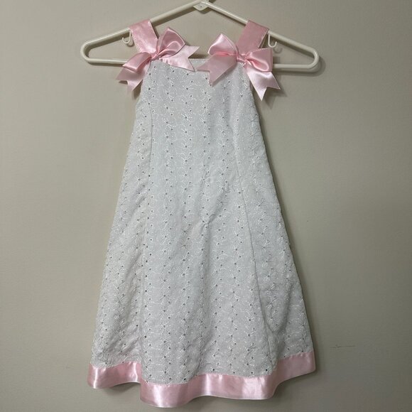 Vintage Bonnie Jean White Eyelet and Pink Satin Bow / Details Girls Size 5 - Picture 2 of 9